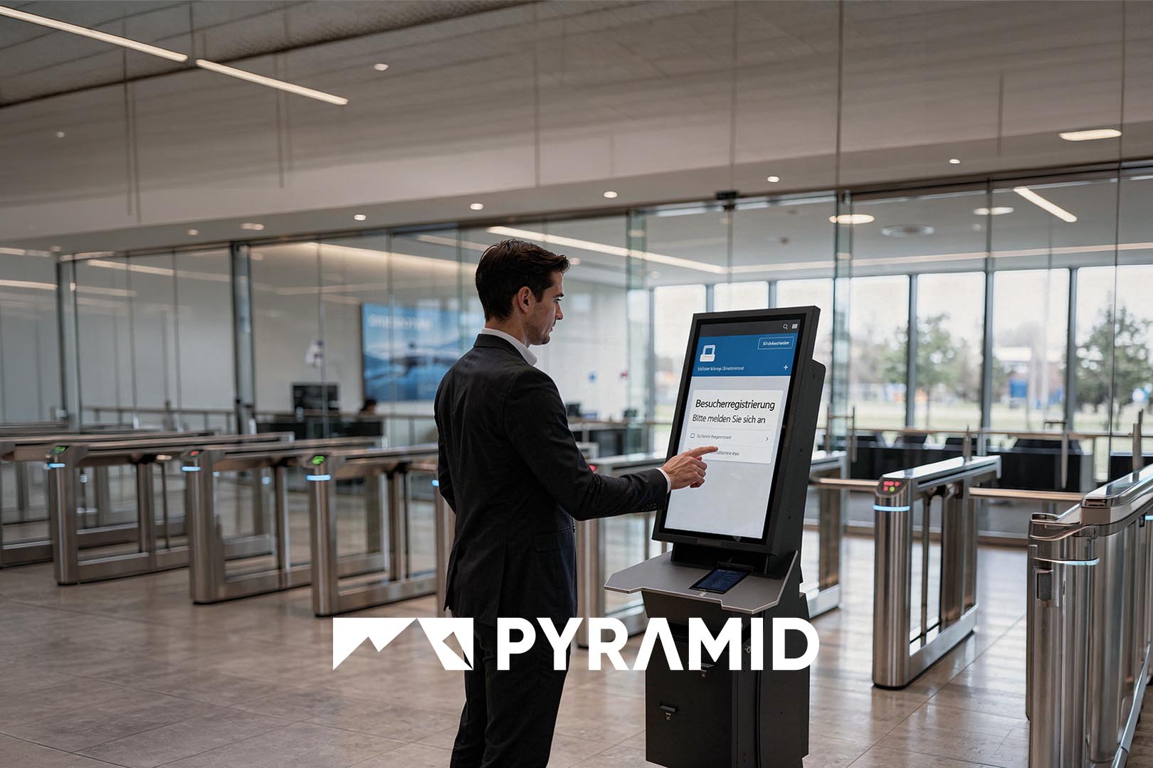 Quiosco de autoservicio POLYTOUCH® CURVE 32 para el registro digital de visitantes, la impresión de tarjetas de identificación y el control de acceso en la SicherheitsExpo 2026