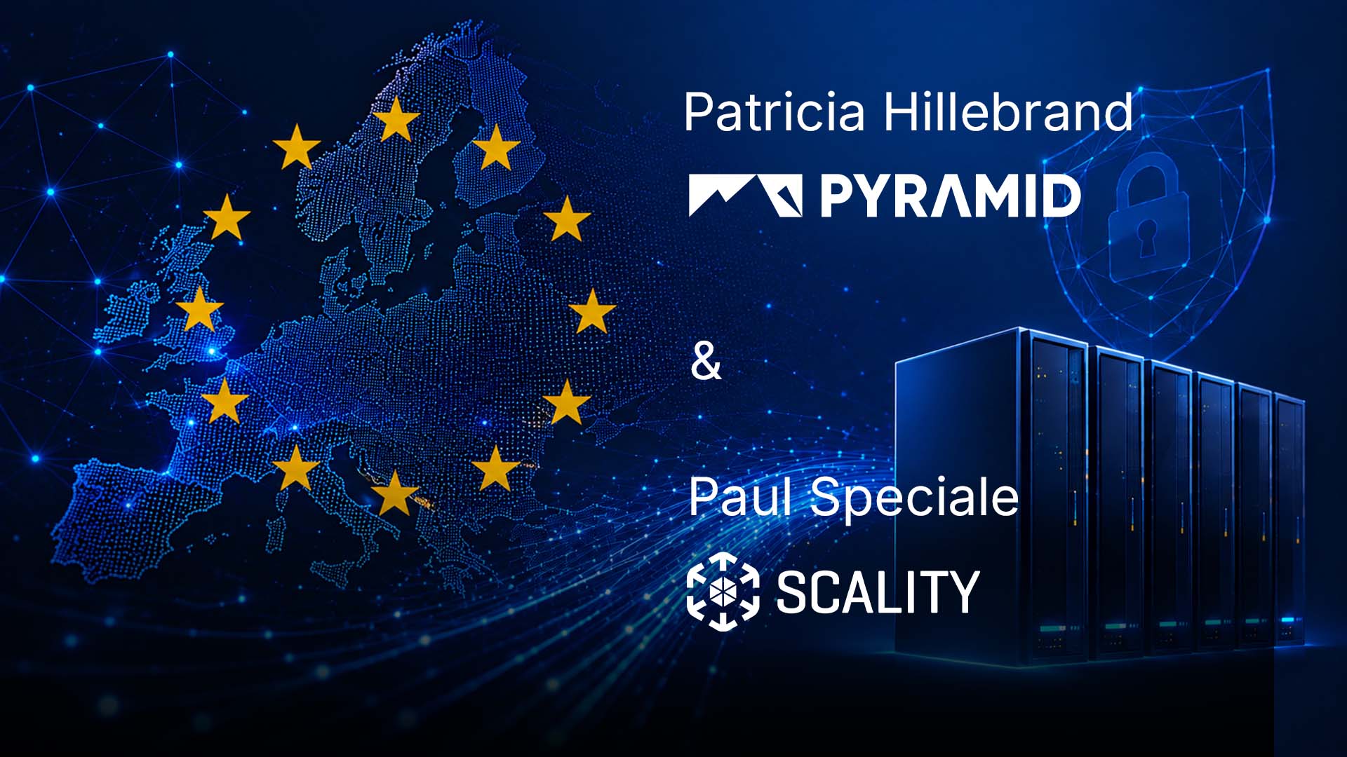 Representación abstracta de Europa con flujos de datos, infraestructura de servidores y un símbolo de seguridad que representa la soberanía digital