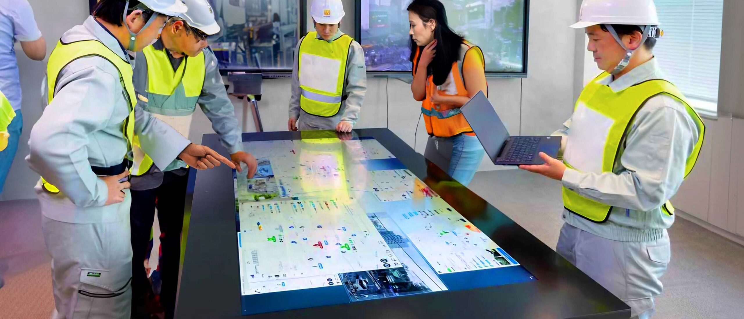 monitor táctil faytech de 65 pulgadas en una sala de reuniones de emergencia japonesa